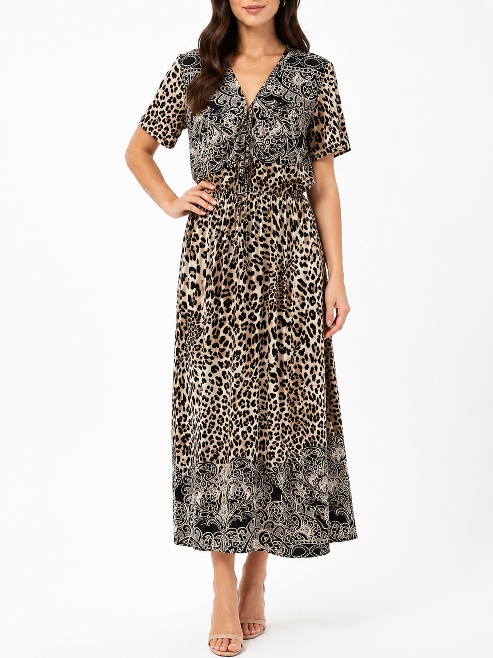 Beige and Black Leopard Print Maxi Dress with Paisley Detail